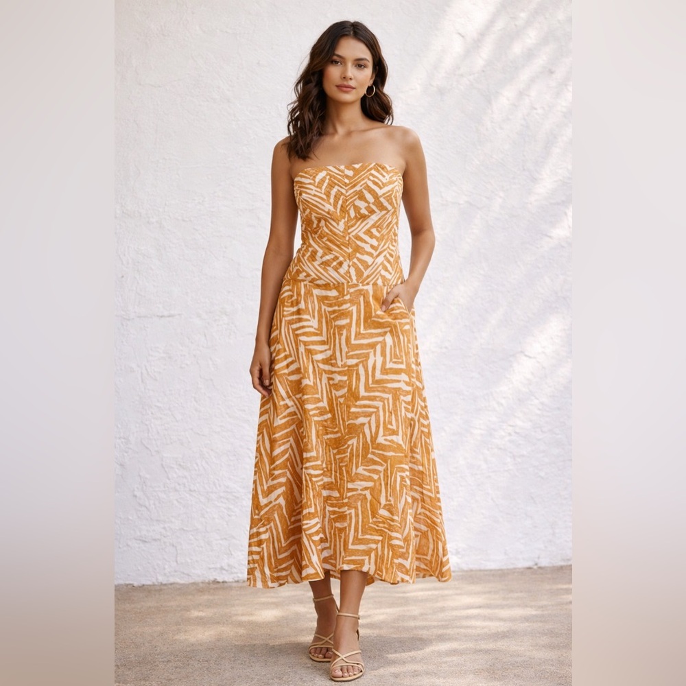 SHONA JOY PRINTED STRAPLESS MIDI DRESS